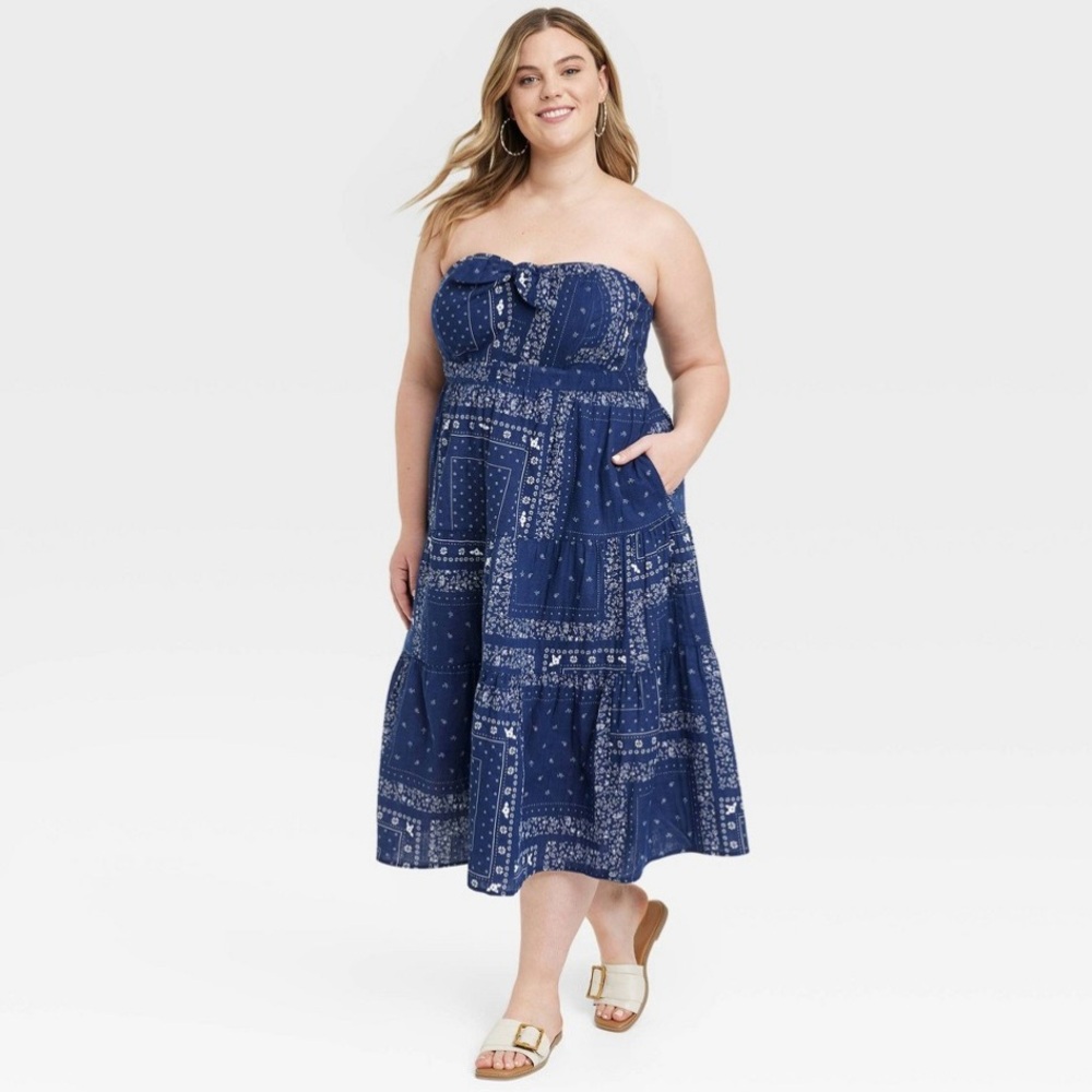 SALE BANDANA PRINT STRAPLESS MIDI DRESS - Picture 4 of 12